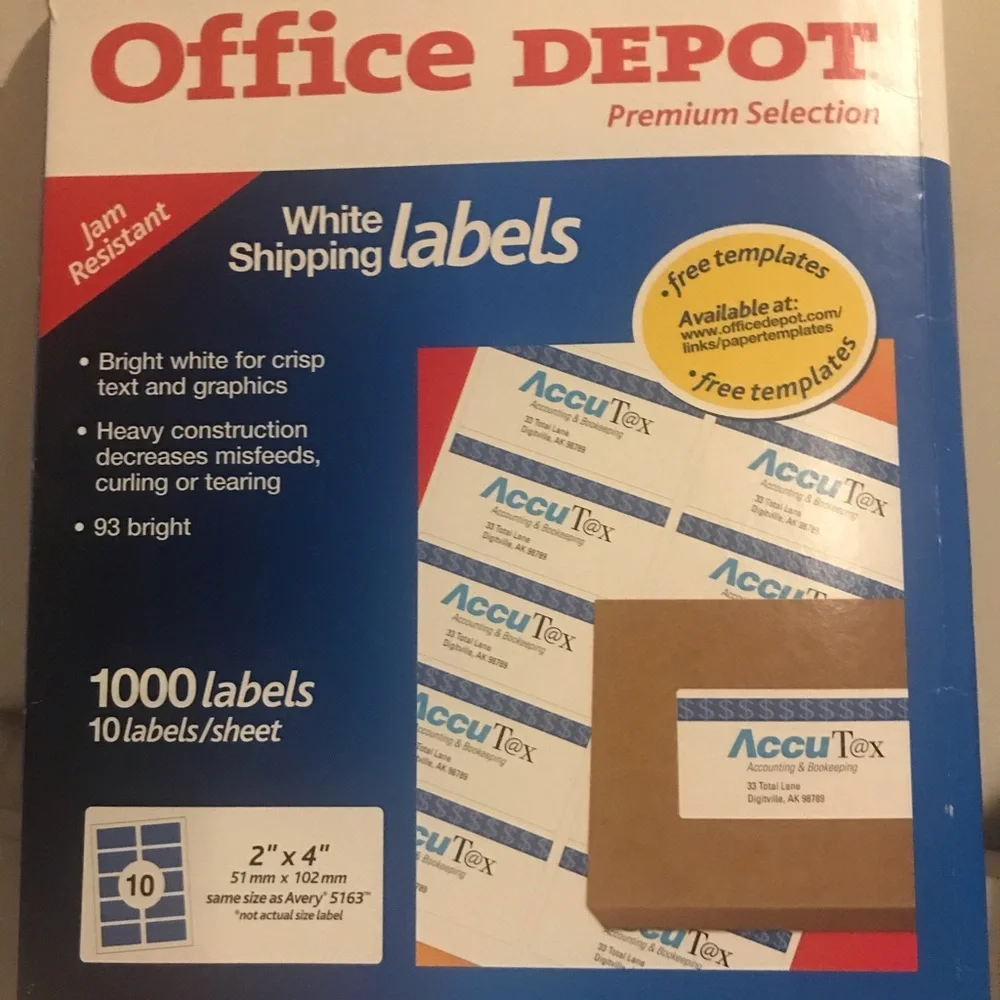 Office Depot Brand Inkjet/Laser Shipping Labels, White, 2